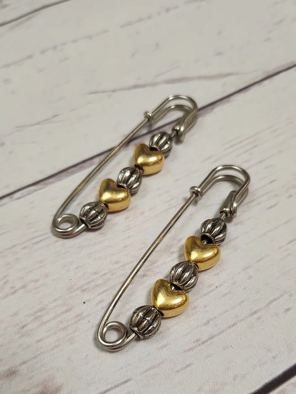 Gold and Silver Heart Bead Safety Pin Broochs